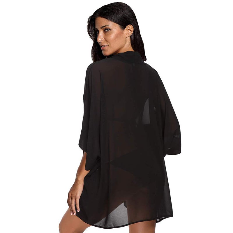 Max Hsuan Women's Loose Print Sheer Chiffon Kimono Beach Swim Cover up Cardigan Capes Blouse Tops Black - Image 2